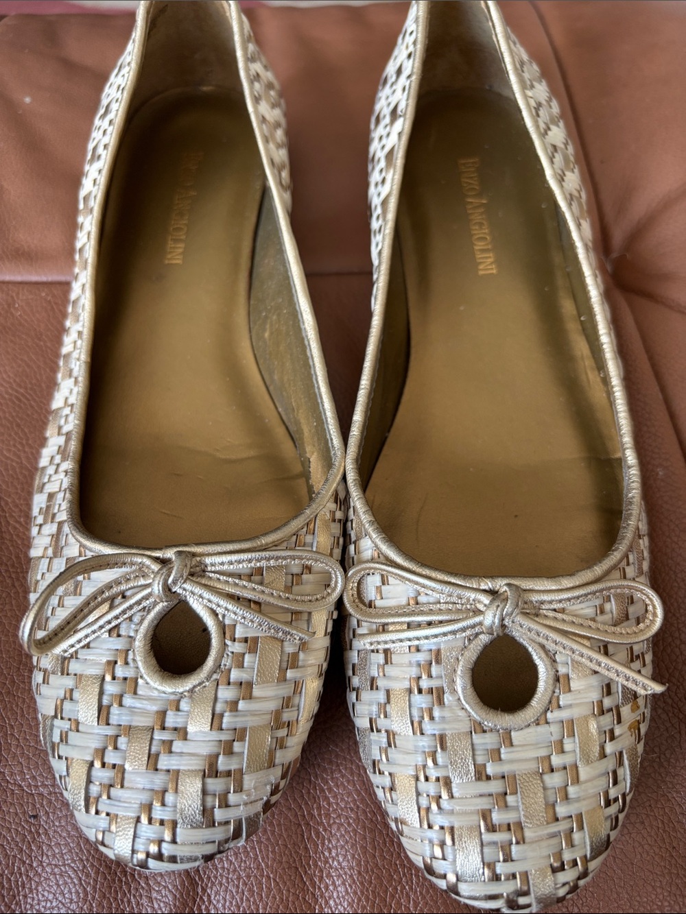 Enzo Angliolini 8 1/2 Woven Ballet Flats in Gold and Cream